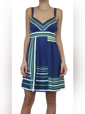 Guess Silk Stripe Mini Dress Y2K Blue Green Empire Waist Baby Doll Size 3